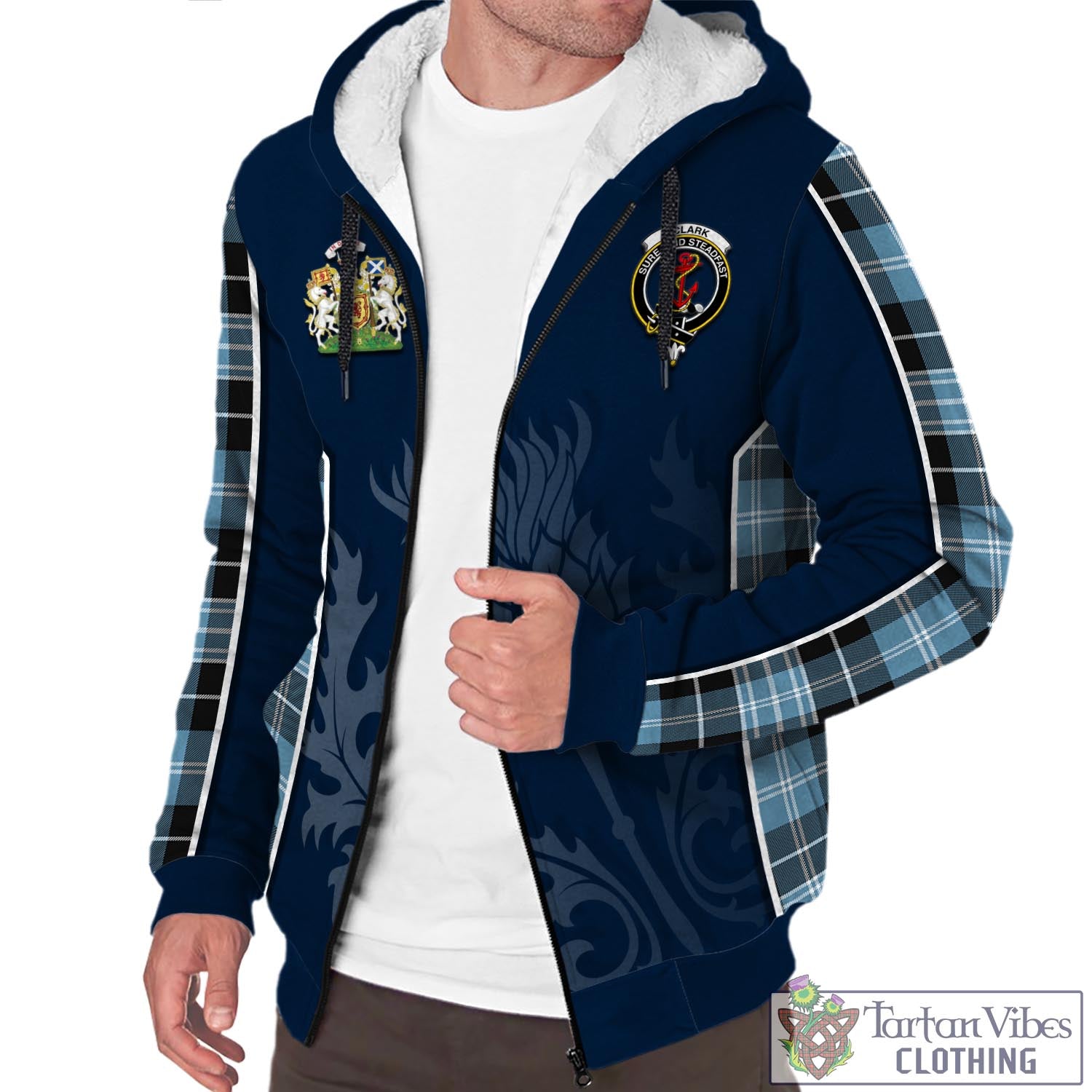 Tartan Vibes Clothing Clark Ancient Tartan Sherpa Hoodie with Family Crest and Scottish Thistle Vibes Sport Style