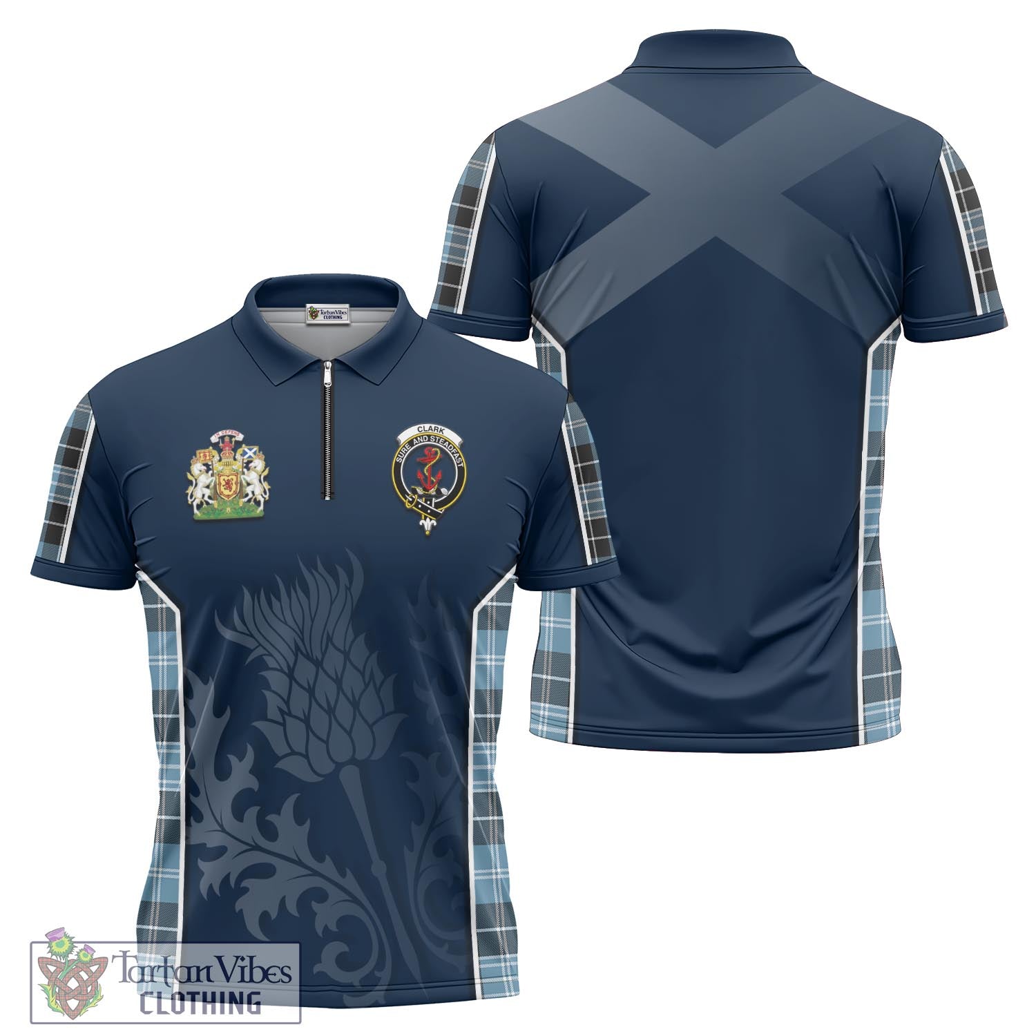 Tartan Vibes Clothing Clark Ancient Tartan Zipper Polo Shirt with Family Crest and Scottish Thistle Vibes Sport Style