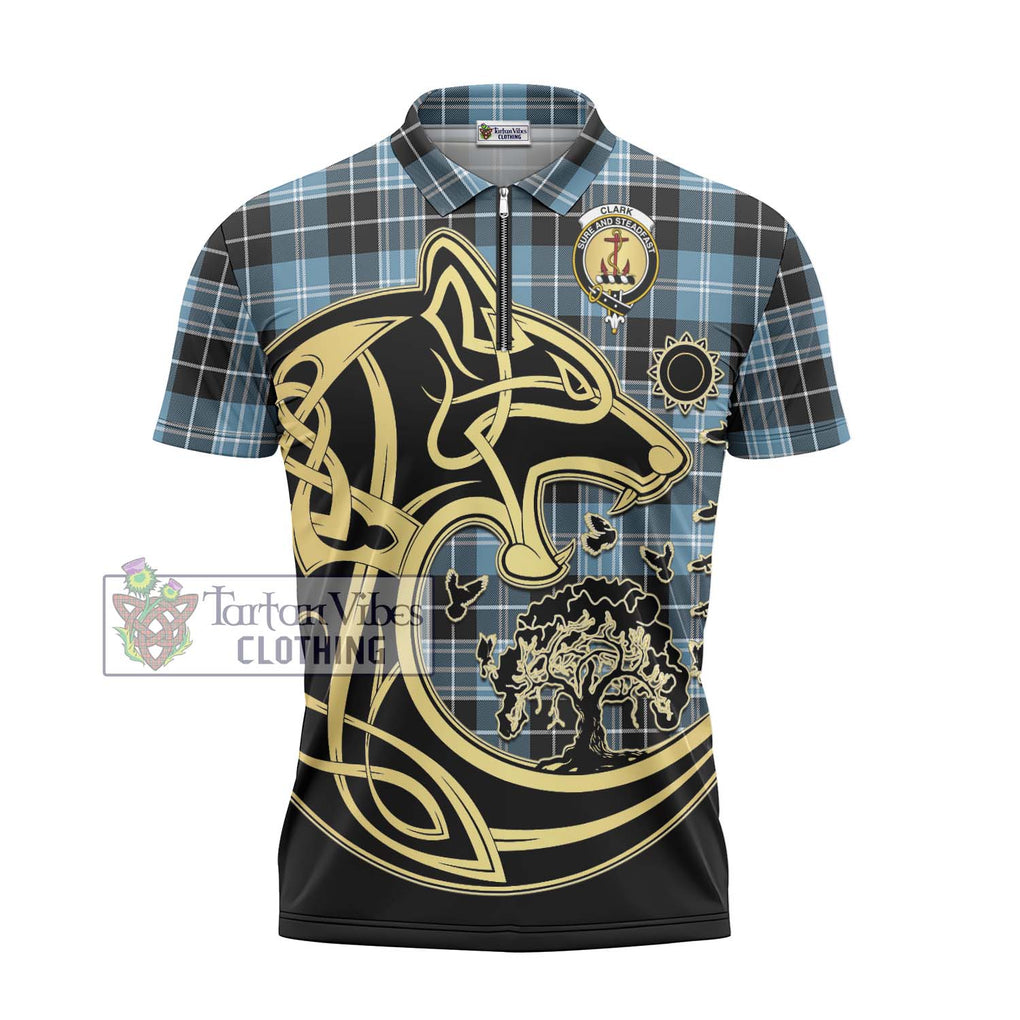 Clark Ancient Tartan Zipper Polo Shirt with Family Crest Celtic Wolf Style - Tartanvibesclothing Shop