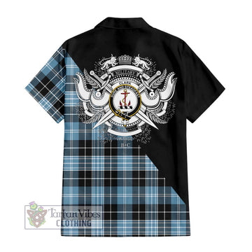 Clark Ancient Tartan Short Sleeve Button Shirt with Family Crest and Military Logo Style