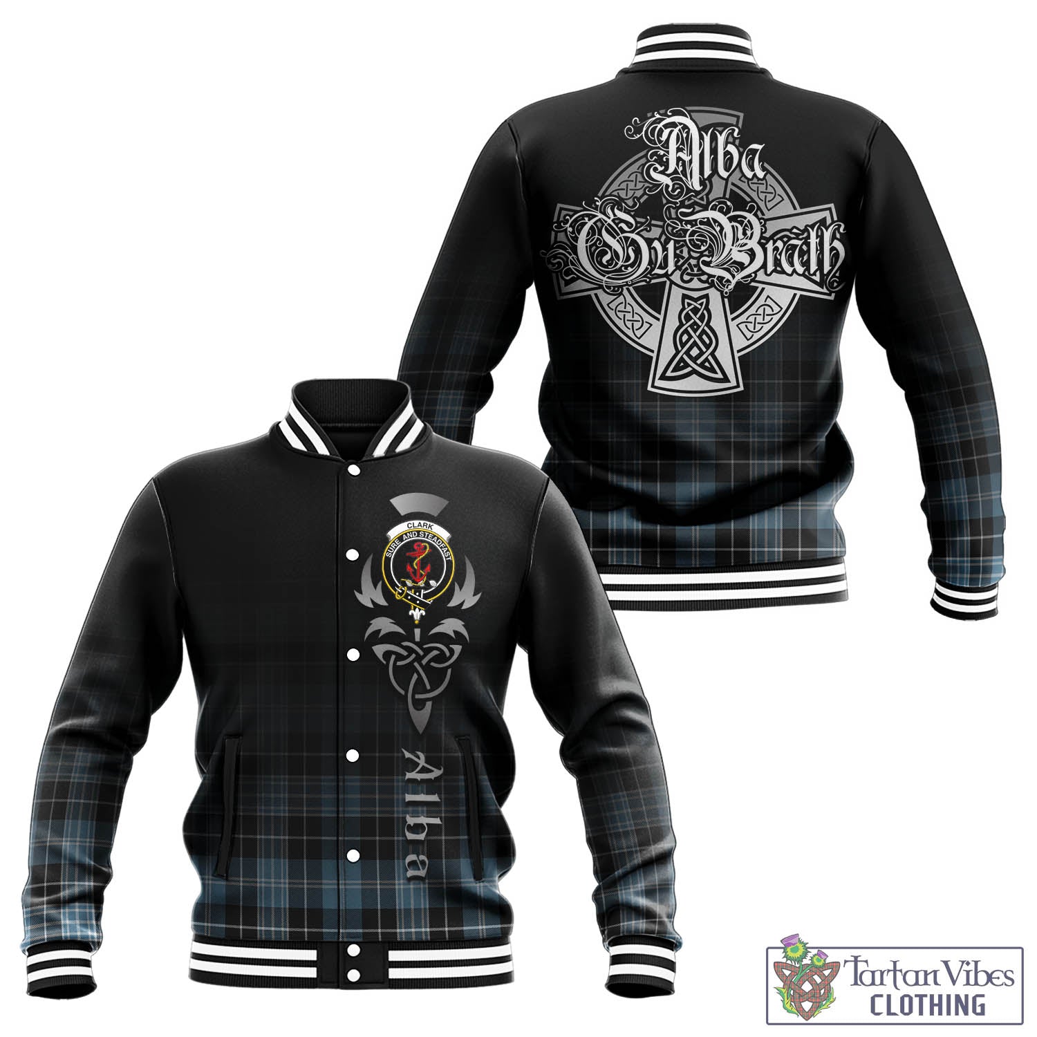 Tartan Vibes Clothing Clark Ancient Tartan Baseball Jacket Featuring Alba Gu Brath Family Crest Celtic Inspired