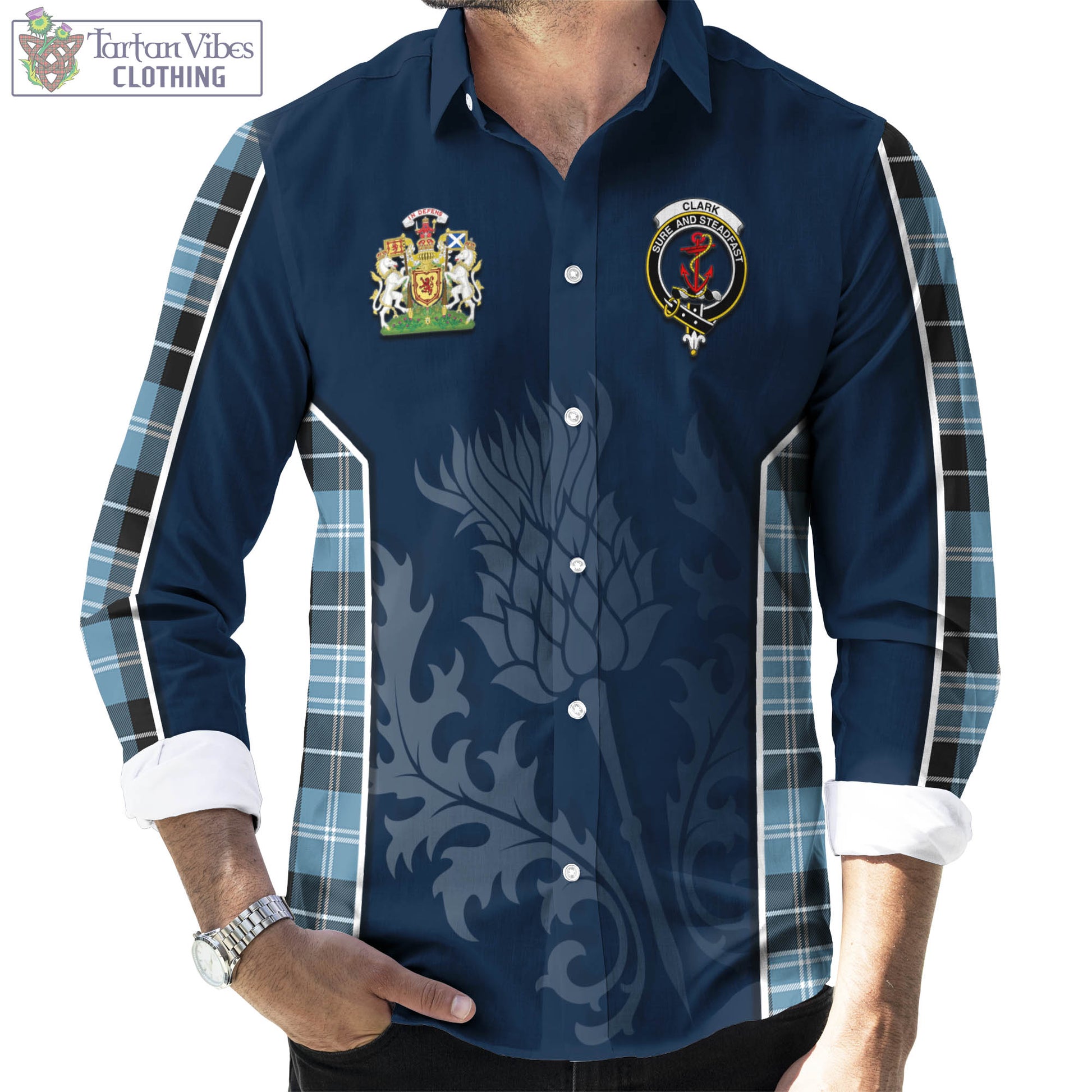 Tartan Vibes Clothing Clark Ancient Tartan Long Sleeve Button Up Shirt with Family Crest and Scottish Thistle Vibes Sport Style