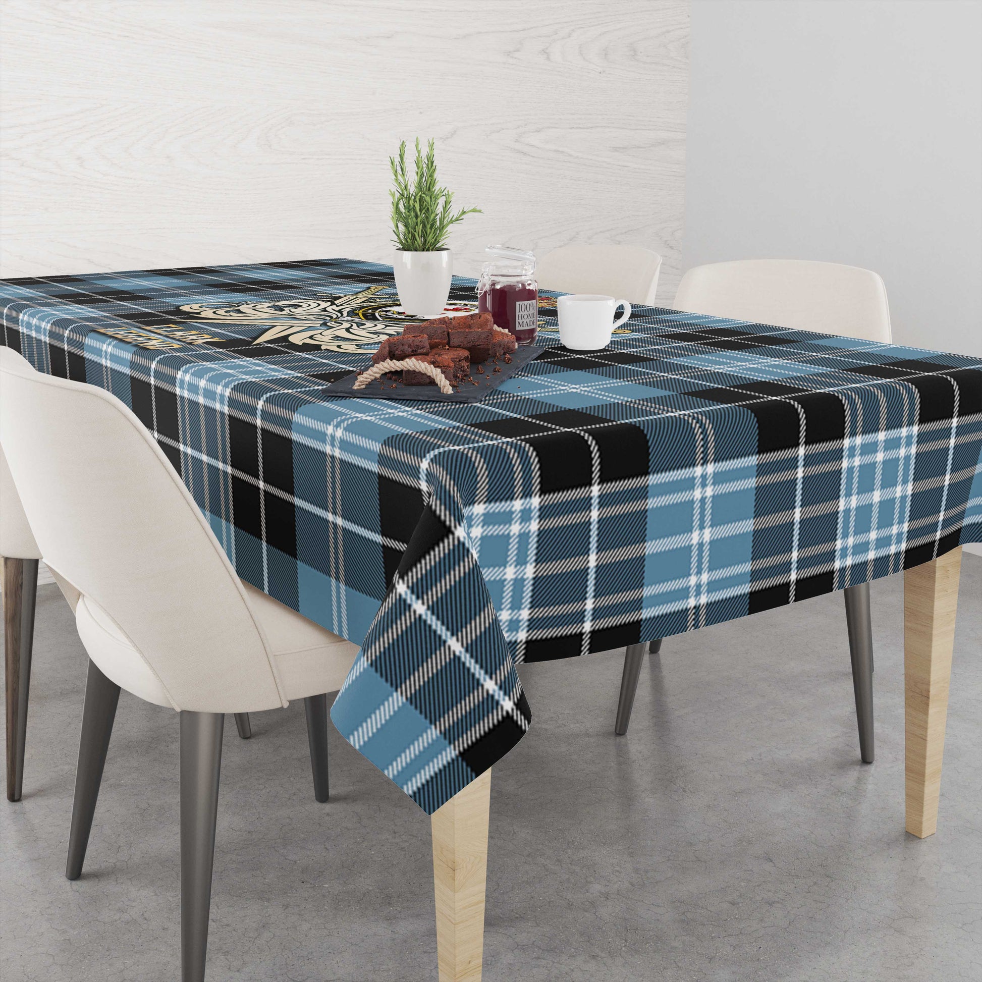 Tartan Vibes Clothing Clark Ancient Tartan Tablecloth with Clan Crest and the Golden Sword of Courageous Legacy