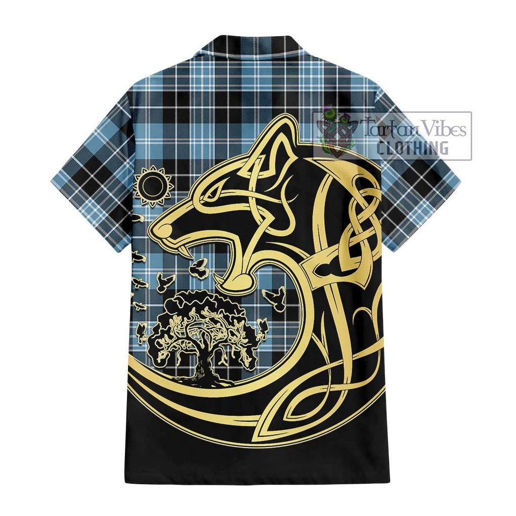 Clark Ancient Tartan Short Sleeve Button Shirt with Family Crest Celtic Wolf Style - Tartan Vibes Clothing