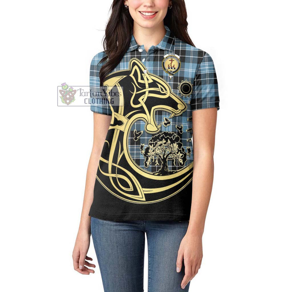 Clark Ancient Tartan Women's Polo Shirt with Family Crest Celtic Wolf Style - Tartanvibesclothing Shop