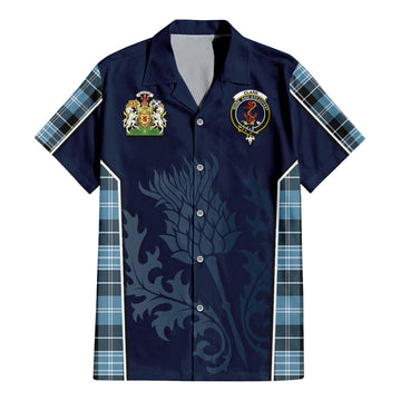 Clark Ancient Tartan Short Sleeve Button Up Shirt with Family Crest and Scottish Thistle Vibes Sport Style