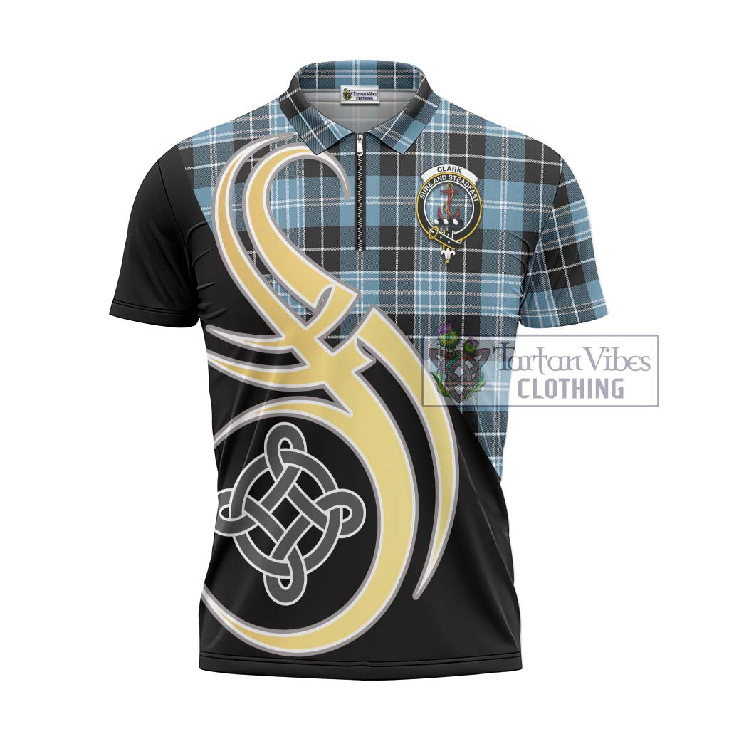 Tartan Vibes Clothing Clark Ancient Tartan Zipper Polo Shirt with Family Crest and Celtic Symbol Style