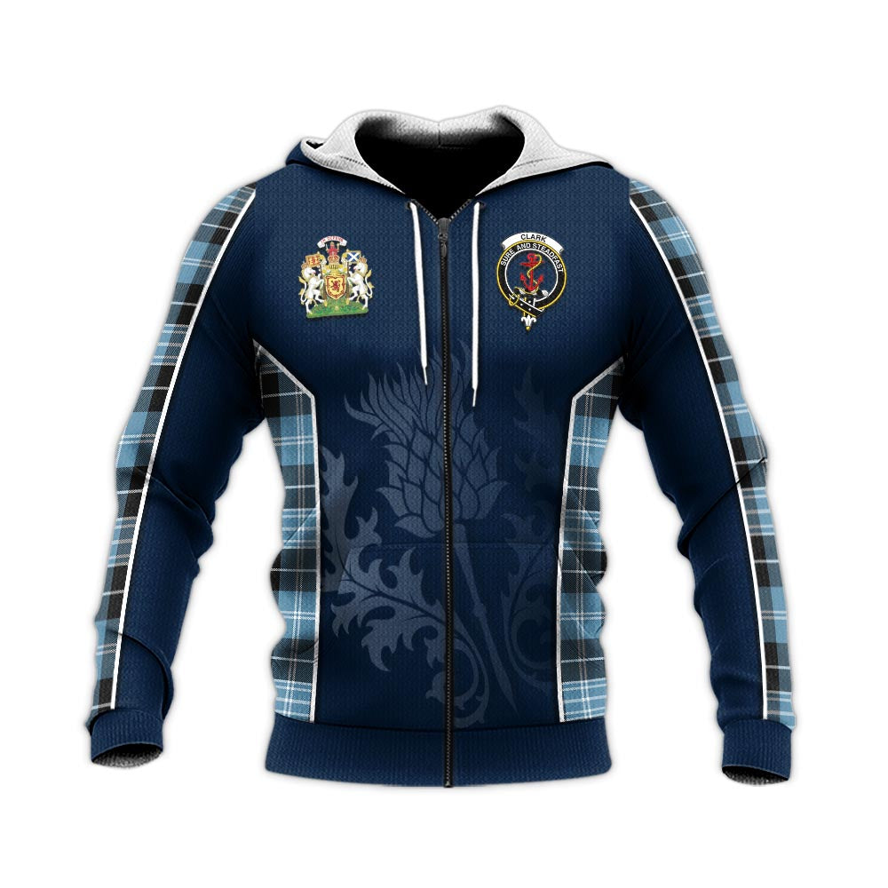 Tartan Vibes Clothing Clark Ancient Tartan Knitted Hoodie with Family Crest and Scottish Thistle Vibes Sport Style