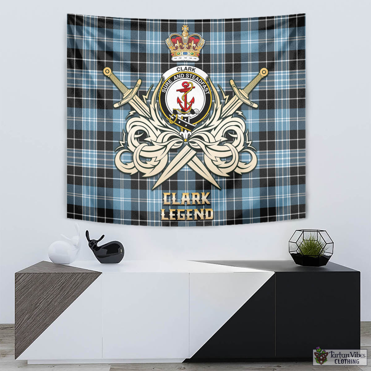 Tartan Vibes Clothing Clark Ancient Tartan Tapestry with Clan Crest and the Golden Sword of Courageous Legacy