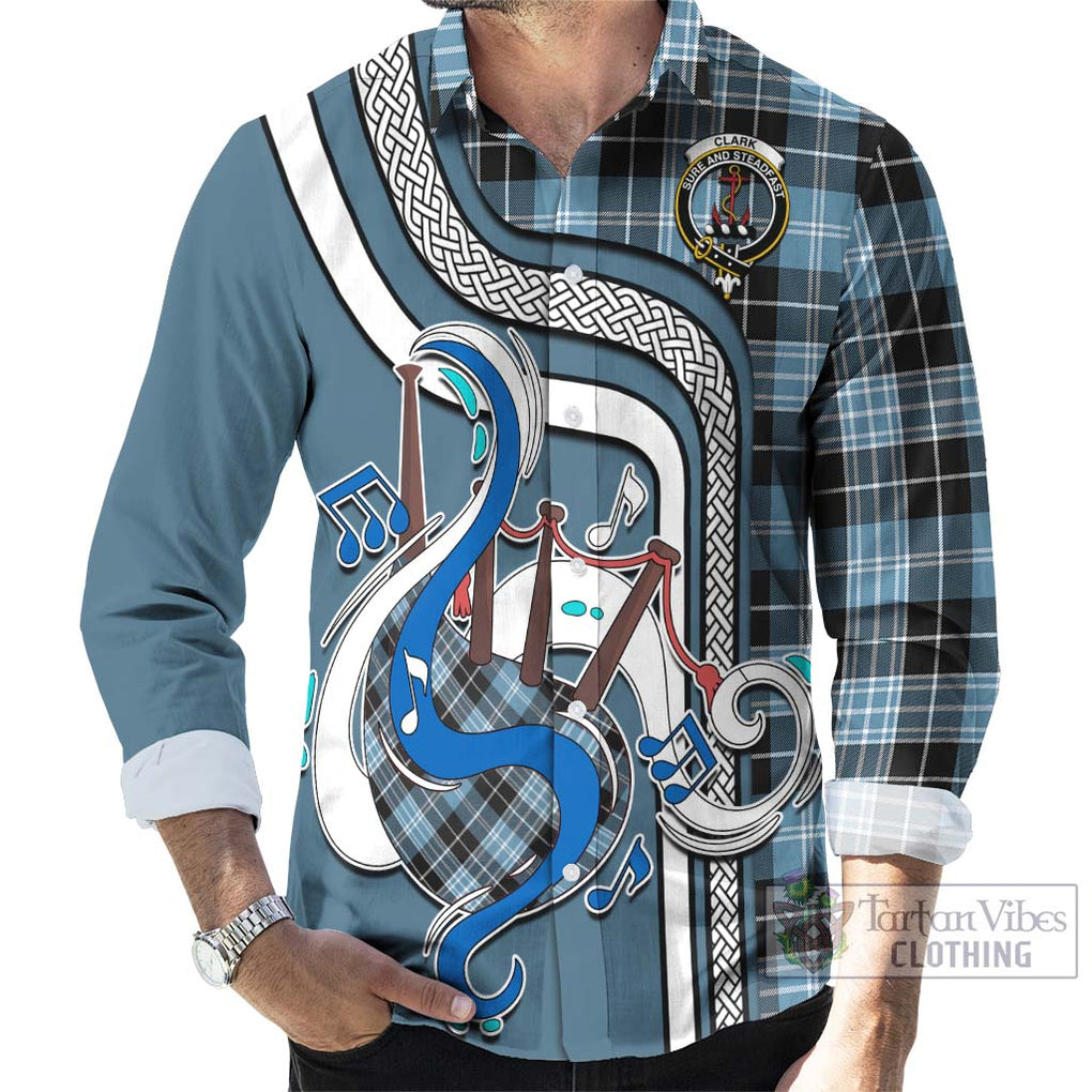 Clark Ancient Tartan Long Sleeve Button Shirt with Epic Bagpipe Style - Tartanvibesclothing Shop