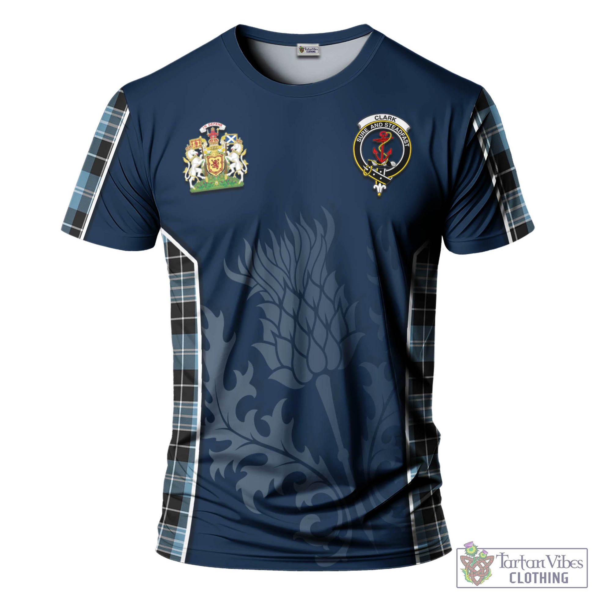 Tartan Vibes Clothing Clark Ancient Tartan T-Shirt with Family Crest and Scottish Thistle Vibes Sport Style