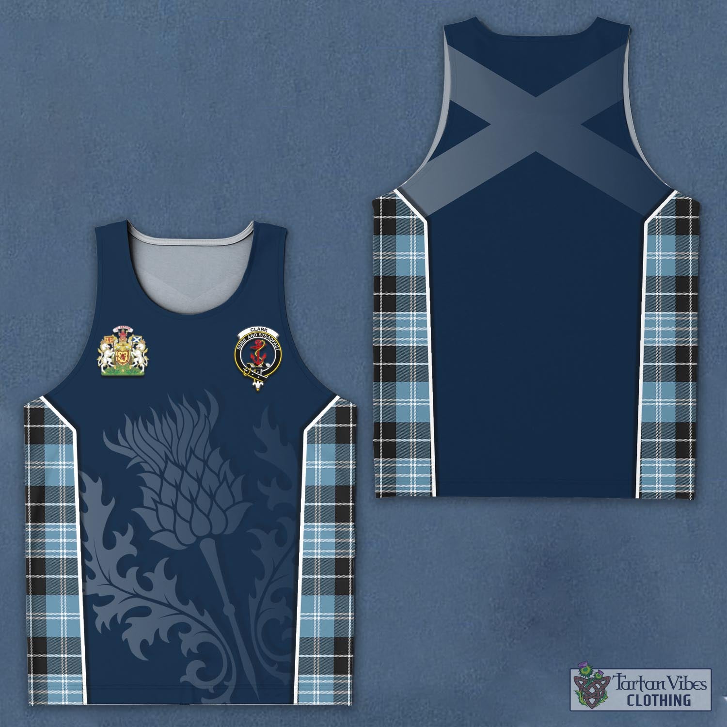 Tartan Vibes Clothing Clark Ancient Tartan Men's Tanks Top with Family Crest and Scottish Thistle Vibes Sport Style