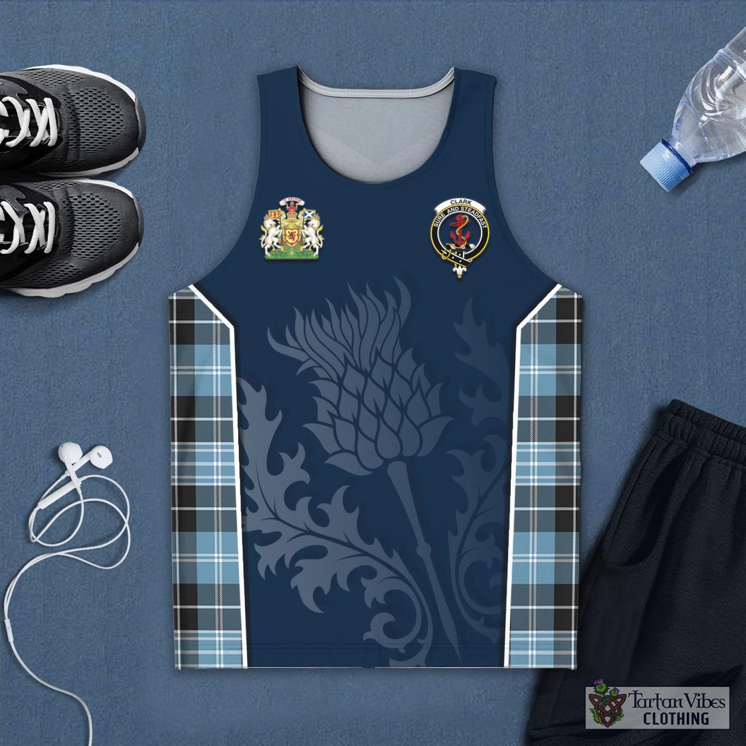 Tartan Vibes Clothing Clark Ancient Tartan Men's Tanks Top with Family Crest and Scottish Thistle Vibes Sport Style