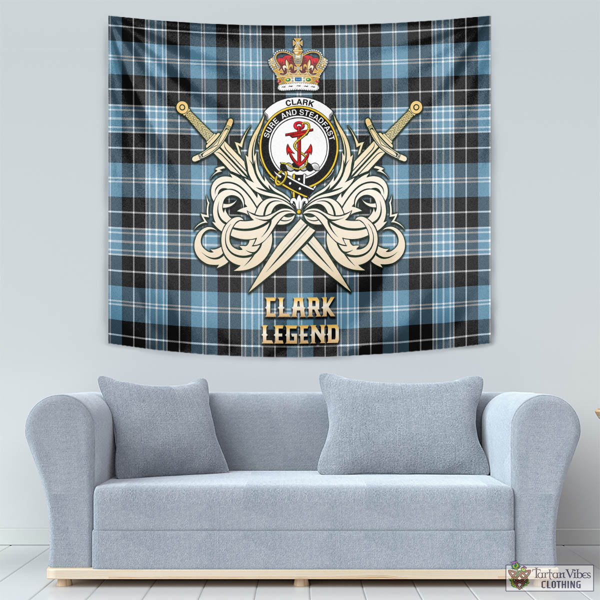 Tartan Vibes Clothing Clark Ancient Tartan Tapestry with Clan Crest and the Golden Sword of Courageous Legacy