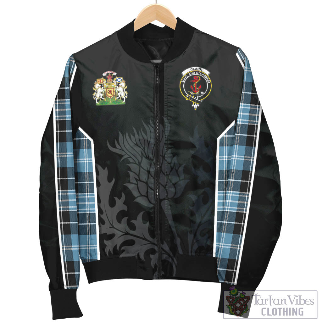 Tartan Vibes Clothing Clark Ancient Tartan Bomber Jacket with Family Crest and Scottish Thistle Vibes Sport Style