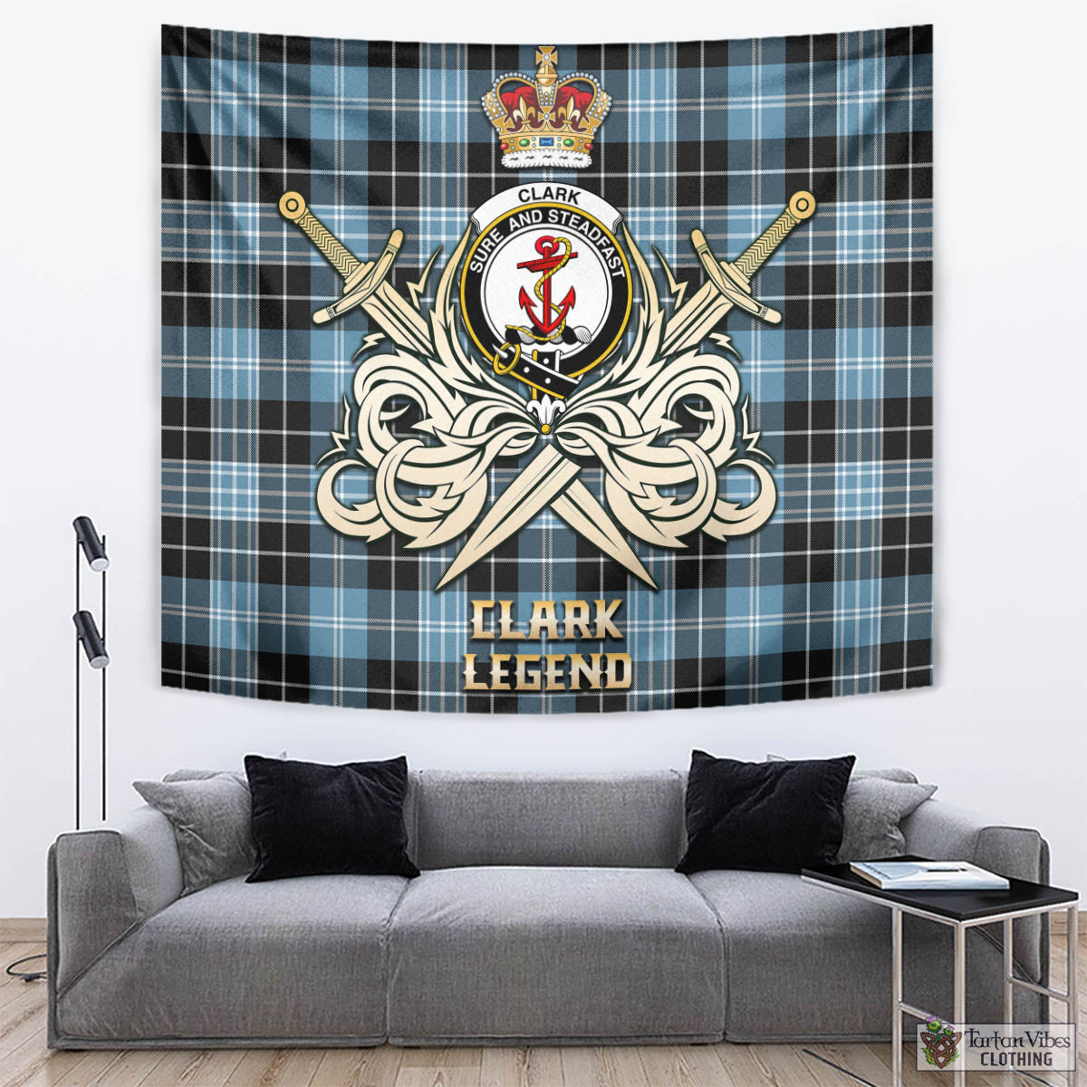 Tartan Vibes Clothing Clark Ancient Tartan Tapestry with Clan Crest and the Golden Sword of Courageous Legacy