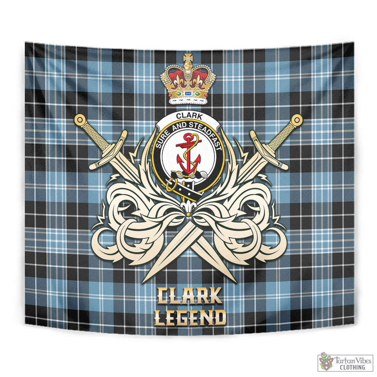 Tartan Vibes Clothing Clark Ancient Tartan Tapestry with Clan Crest and the Golden Sword of Courageous Legacy