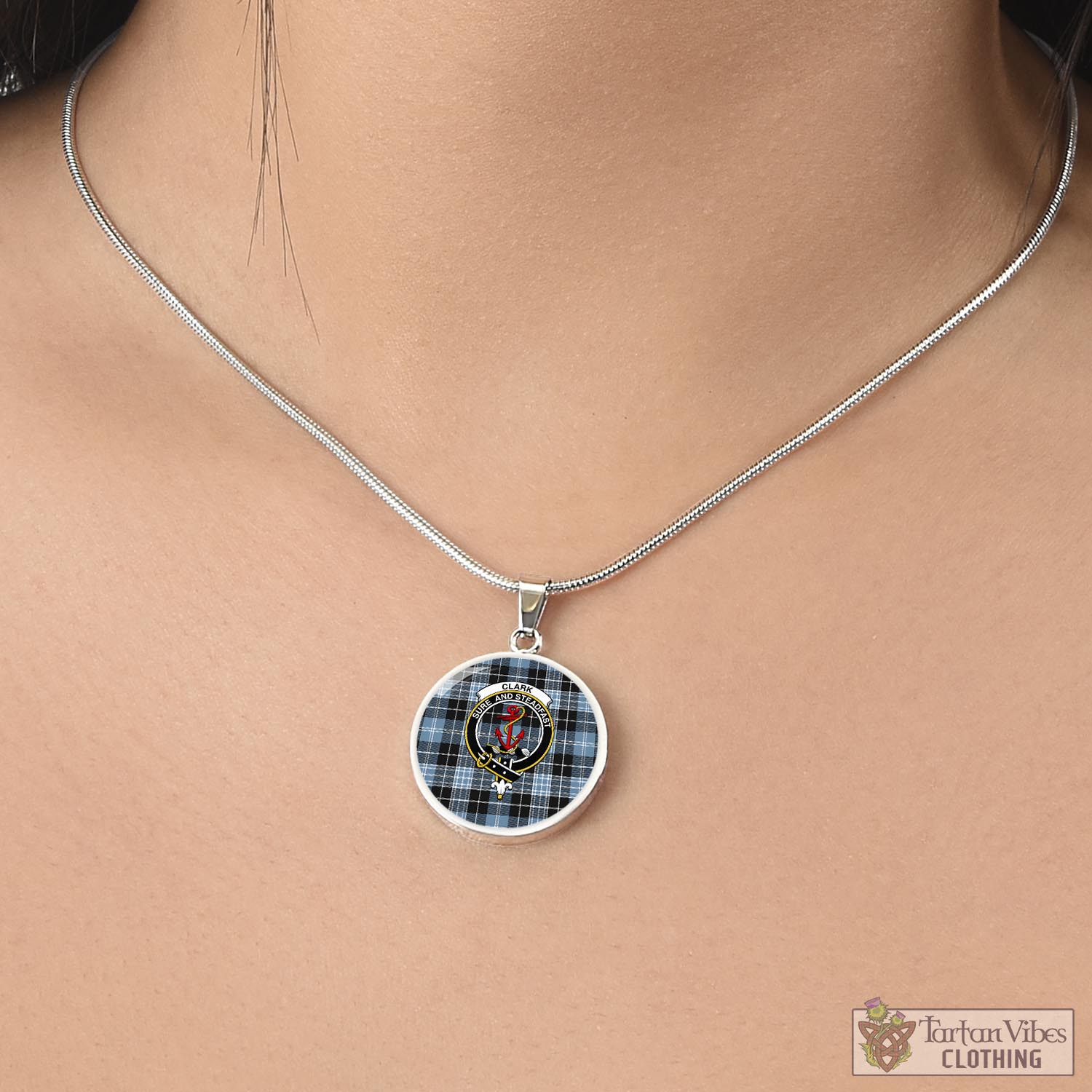 Tartan Vibes Clothing Clark Ancient Tartan Circle Necklace with Family Crest