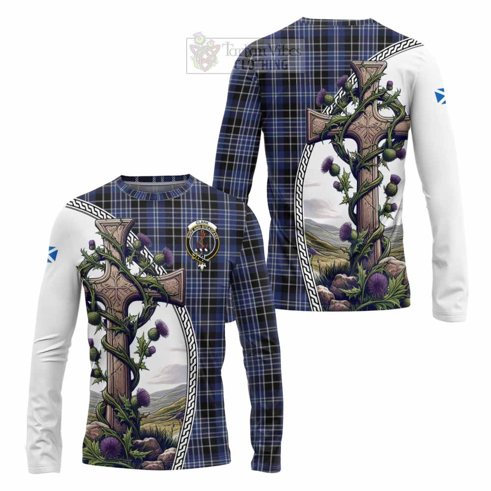 Tartan Vibes Clothing Clark (Clarke) Tartan Long Sleeve T-Shirt with Family Crest and St. Andrew's Cross Accented by Thistle Vines