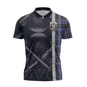 Clark (Clarke) Tartan Zipper Polo Shirt with Family Crest Cross Sword Thistle Celtic Vibes