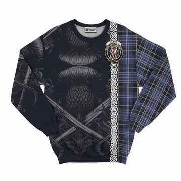 Clark (Clarke) Tartan Sweatshirt with Family Crest Cross Sword Thistle Celtic Vibes