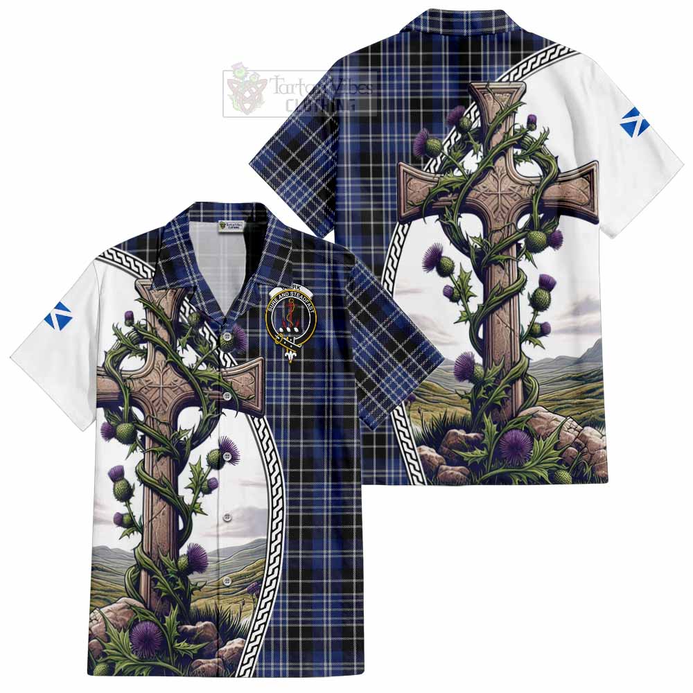 Tartan Vibes Clothing Clark (Clarke) Tartan Short Sleeve Button Shirt with Family Crest and St. Andrew's Cross Accented by Thistle Vines