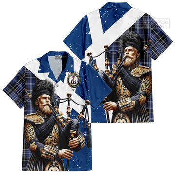 Clark (Clarke) Tartan Short Sleeve Button Shirt with Family Crest Scottish Bagpiper Vibes