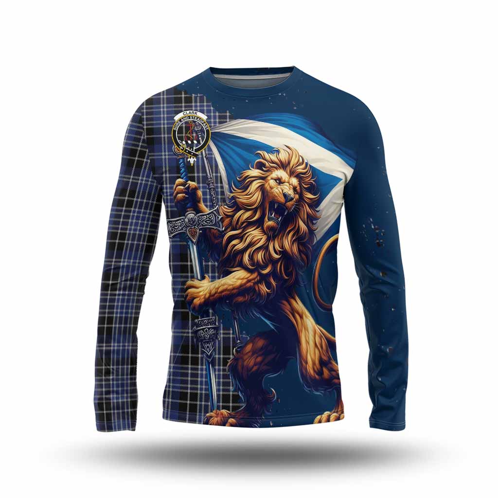 Tartan Vibes Clothing Clark (Clarke) Tartan Family Crest Long Sleeve T-Shirt with Scottish Majestic Lion