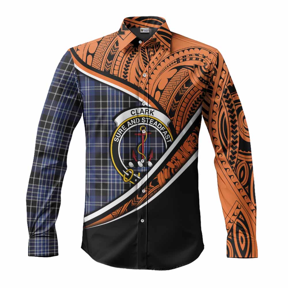 Tartan Vibes Clothing Clark (Clarke) Crest Tartan Long Sleeve Button Shirt with Maori Tattoo Style - Orange Version