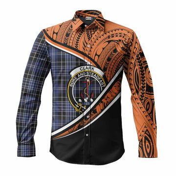 Clark (Clarke) Crest Tartan Long Sleeve Button Shirt with Polynesian Vibes Style - Orange Version