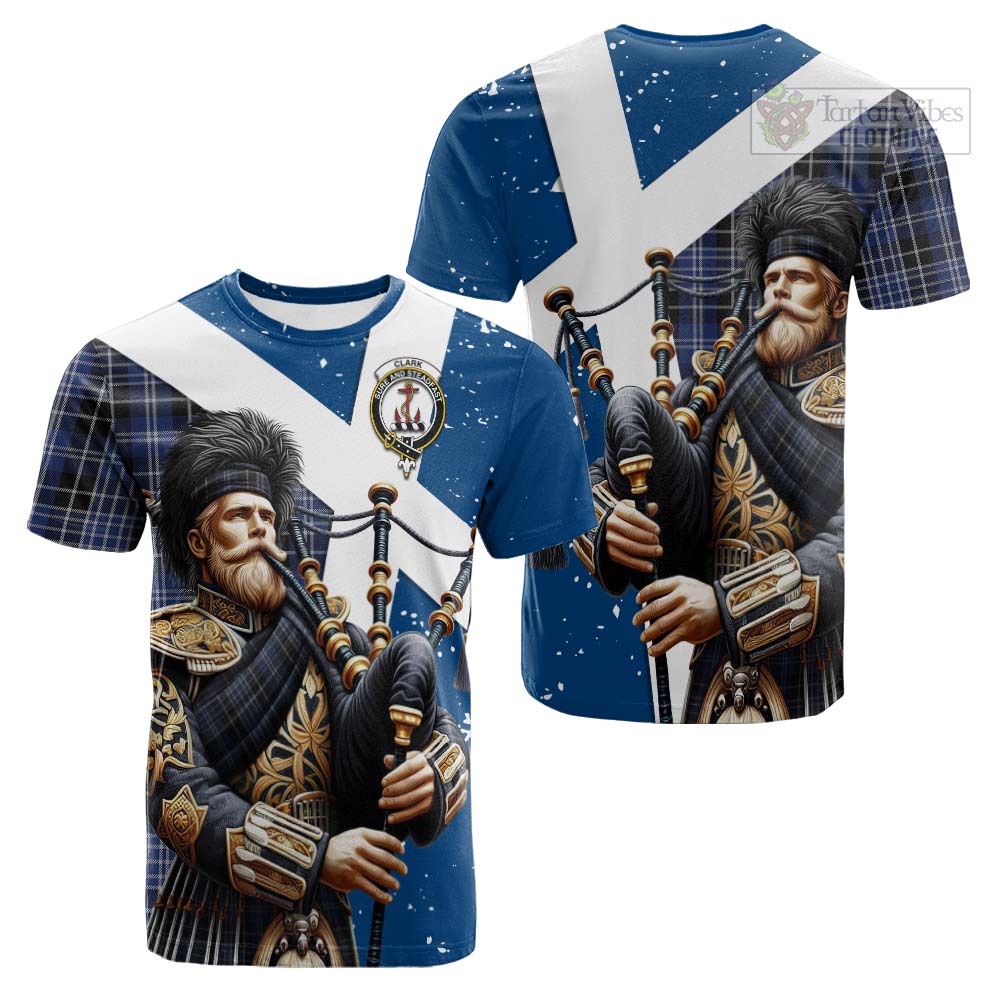 Tartan Vibes Clothing Clark (Clarke) Tartan Cotton T-shirt with Family Crest Scottish Bagpiper Vibes