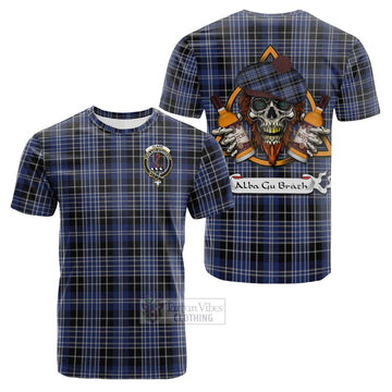 Clark (Clarke) Tartan Cotton T-shirt with Family Crest and Bearded Skull Holding Bottles of Whiskey