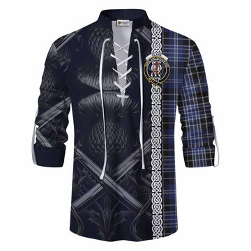 Clark (Clarke) Tartan Ghillie Kilt Shirt with Family Crest Cross Sword Thistle Celtic Vibes