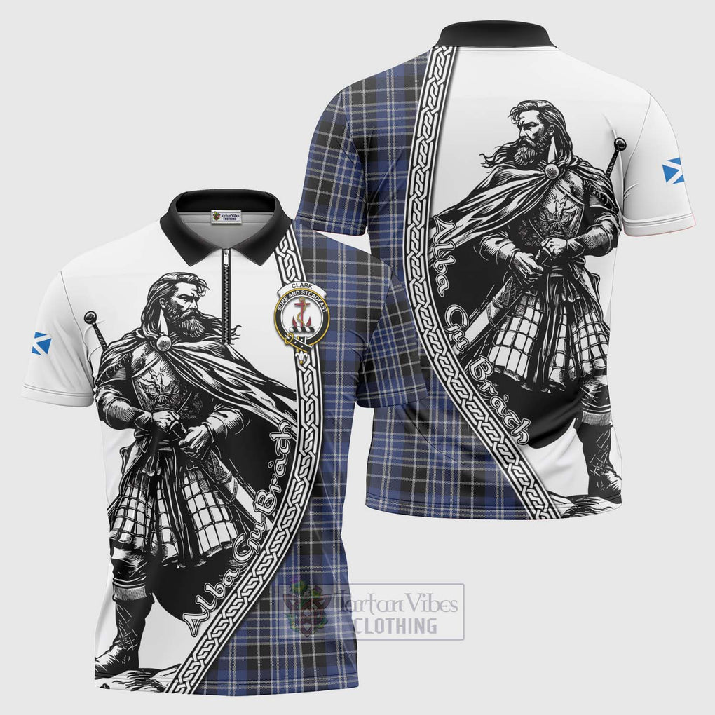 Tartan Vibes Clothing Clark (Clarke) Tartan Clan Crest Zipper Polo Shirt with Highlander Warrior Celtic Style