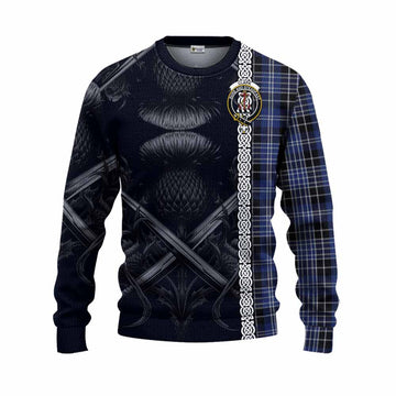 Clark (Clarke) Tartan Knitted Sweater with Family Crest Cross Sword Thistle Celtic Vibes