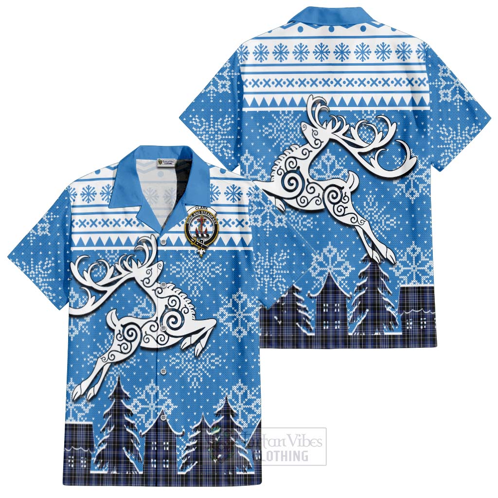 Tartan Vibes Clothing Clark (Clarke) Clan Christmas Short Sleeve Button Shirt Celtic Reindeer Style