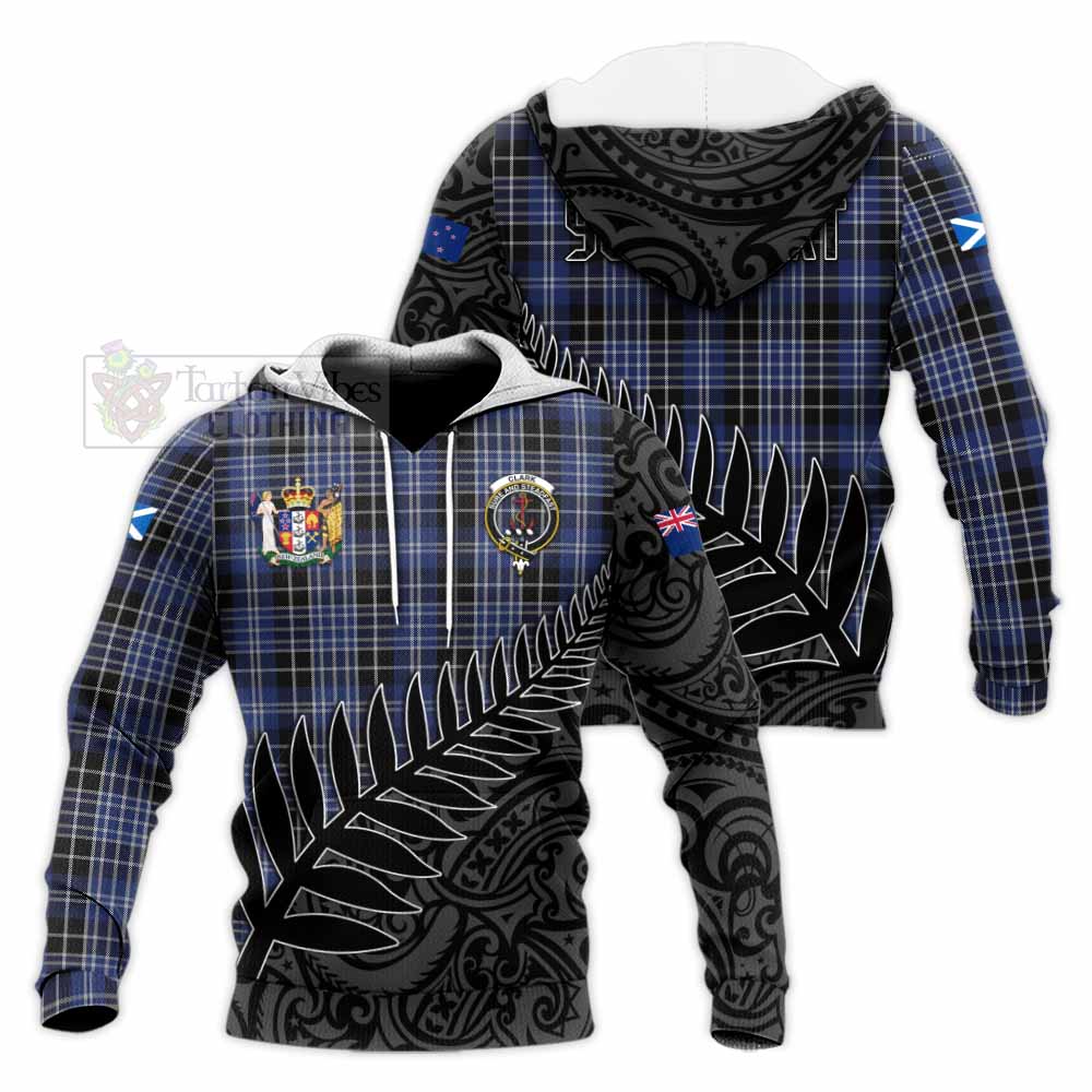 Tartan Vibes Clothing Clark (Clarke) Crest Tartan Knitted Hoodie with New Zealand Silver Fern Half Style