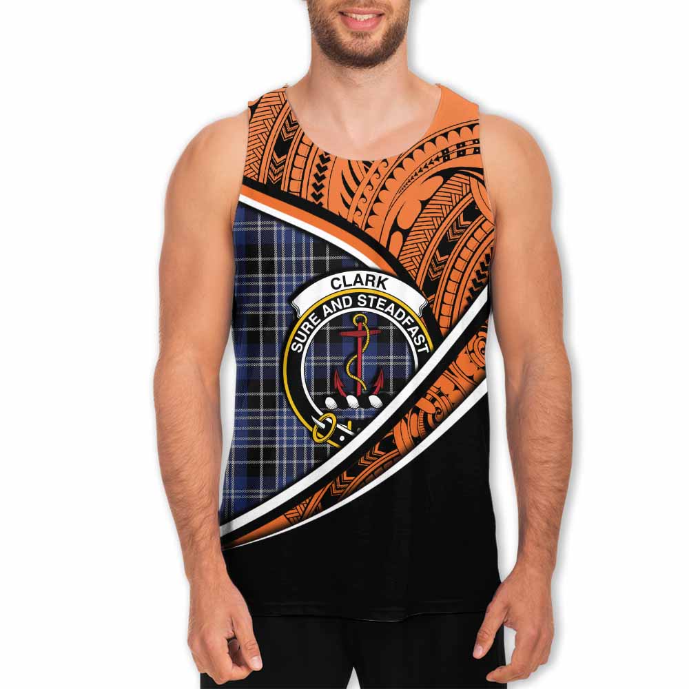 Tartan Vibes Clothing Clark (Clarke) Crest Tartan Men's Tank Top with Maori Tattoo Style - Orange Version