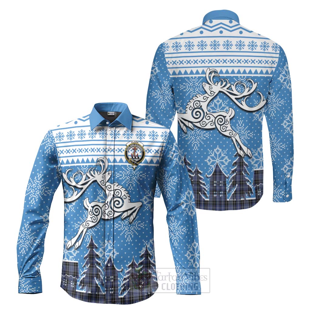 Tartan Vibes Clothing Clark (Clarke) Clan Christmas Long Sleeve Button Shirt Celtic Reindeer Style