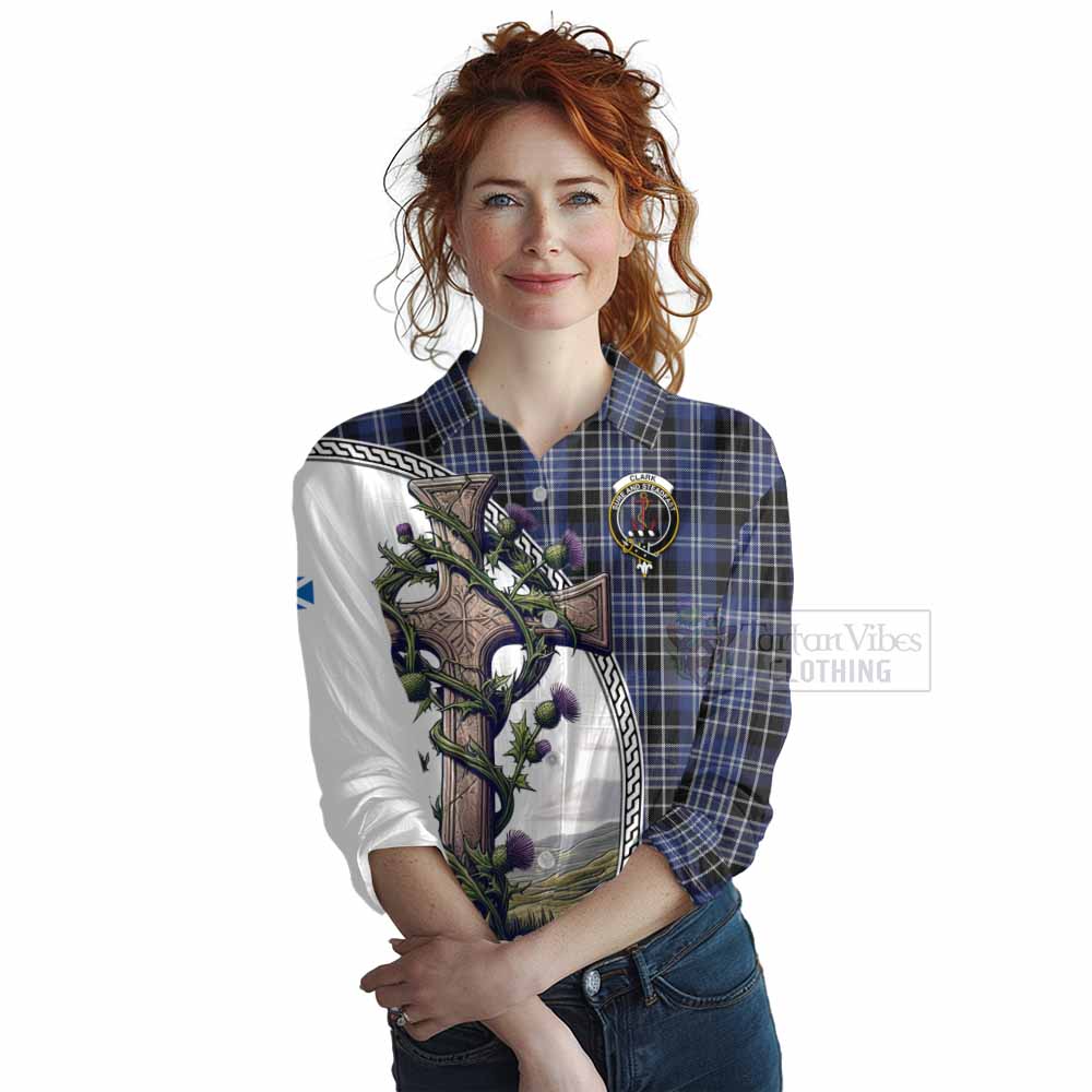 Tartan Vibes Clothing Clark (Clarke) Tartan Women's Casual Shirt with Family Crest and St. Andrew's Cross Accented by Thistle Vines