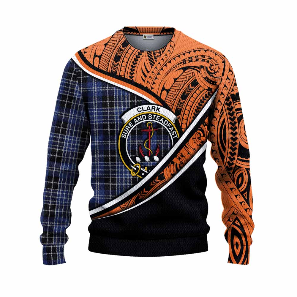 Tartan Vibes Clothing Clark (Clarke) Crest Tartan Knitted Sweater with Maori Tattoo Style - Orange Version