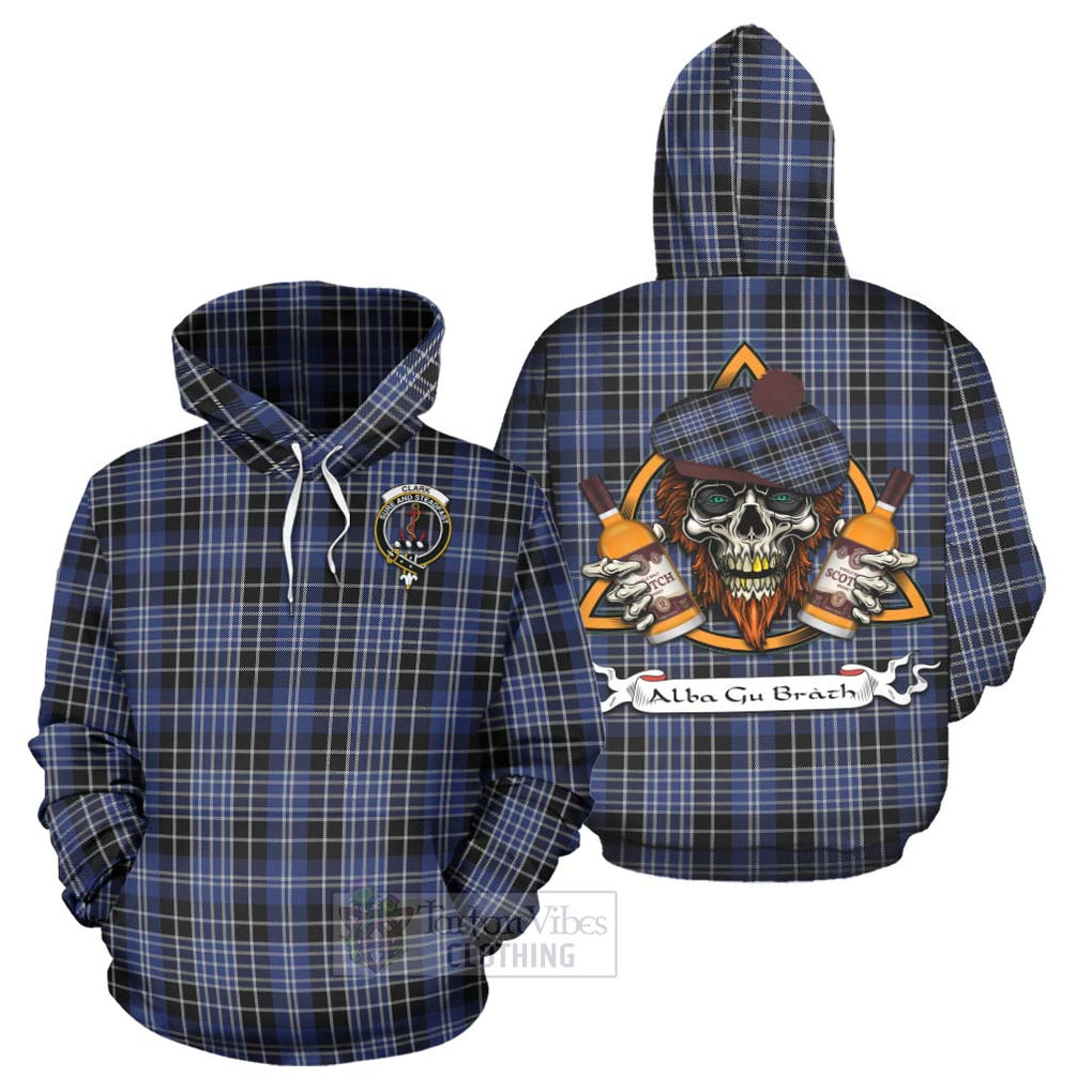 Tartan Vibes Clothing Clark (Clarke) Tartan Hoodie with Family Crest and Bearded Skull Holding Bottles of Whiskey