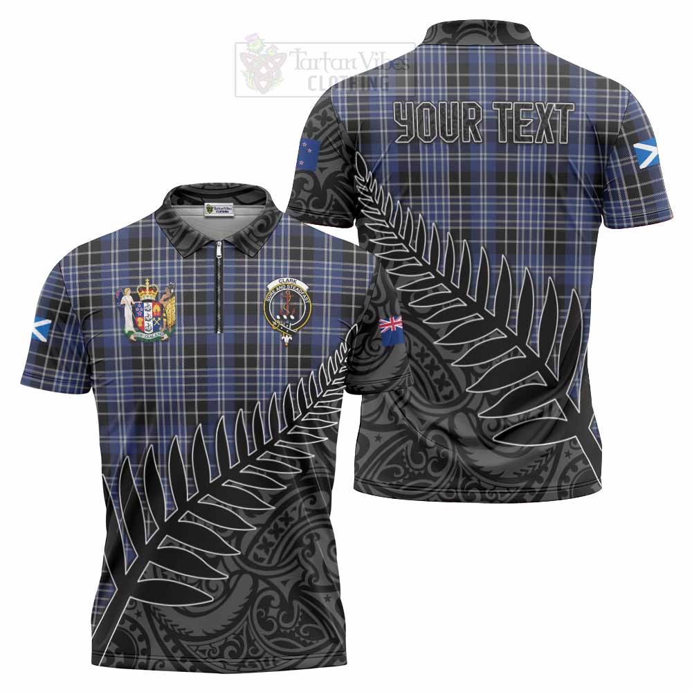 Tartan Vibes Clothing Clark (Clarke) Crest Tartan Zipper Polo Shirt with New Zealand Silver Fern Half Style