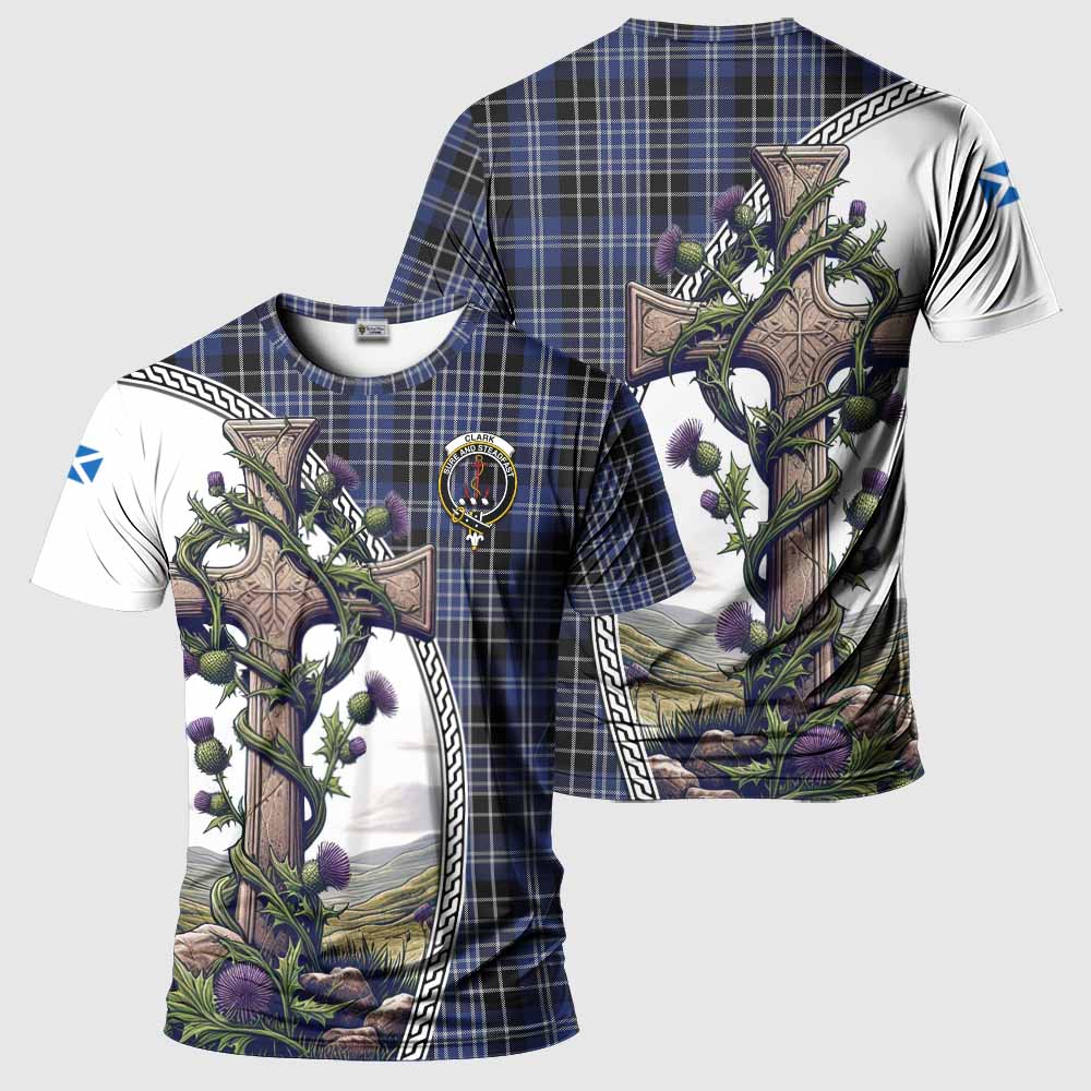 Tartan Vibes Clothing Clark (Clarke) Agnew Tartan T-Shirt with Family Crest and St. Andrew's Cross Accented by Thistle Vines