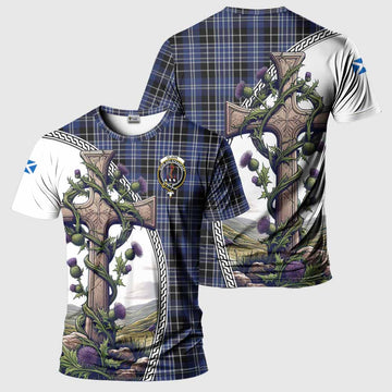 Clark (Clarke) Tartan T-Shirt with Family Crest and St. Andrew's Cross Accented by Thistle Vines