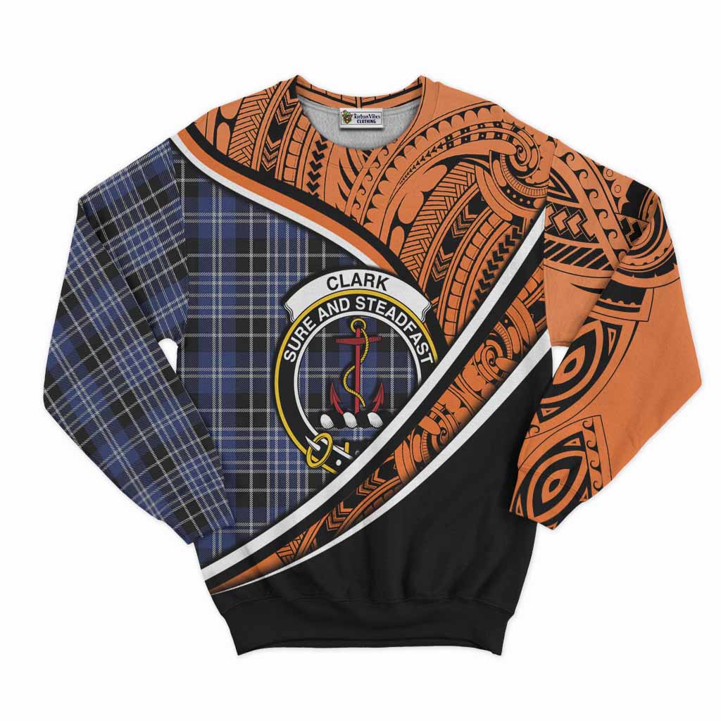 Tartan Vibes Clothing Clark (Clarke) Crest Tartan Sweatshirt with Maori Tattoo Style - Orange Version