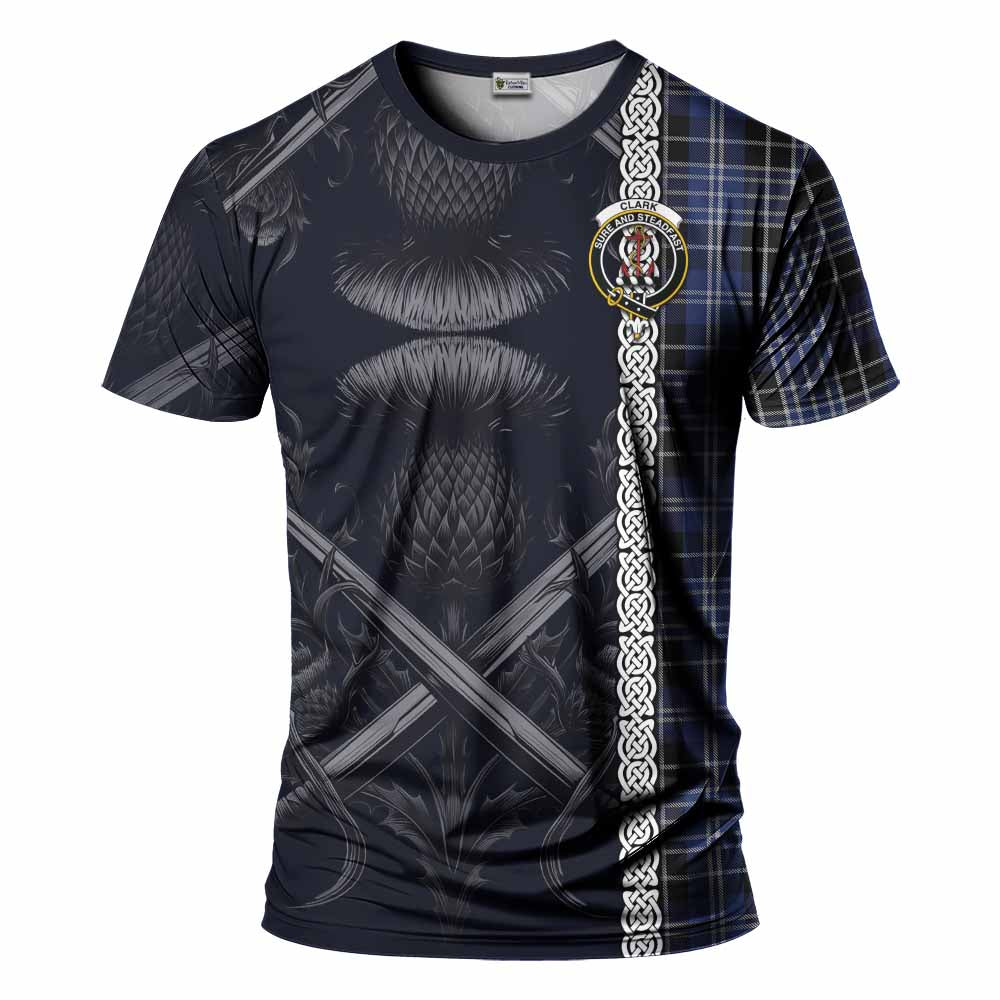 Tartan Vibes Clothing Clark (Clarke) Tartan T-Shirt with Family Crest Cross Sword Thistle Celtic Vibes