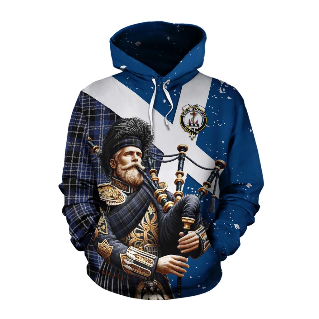 Tartan Vibes Clothing Clark (Clarke) Tartan Cotton Hoodie with Family Crest Scottish Bagpiper Vibes