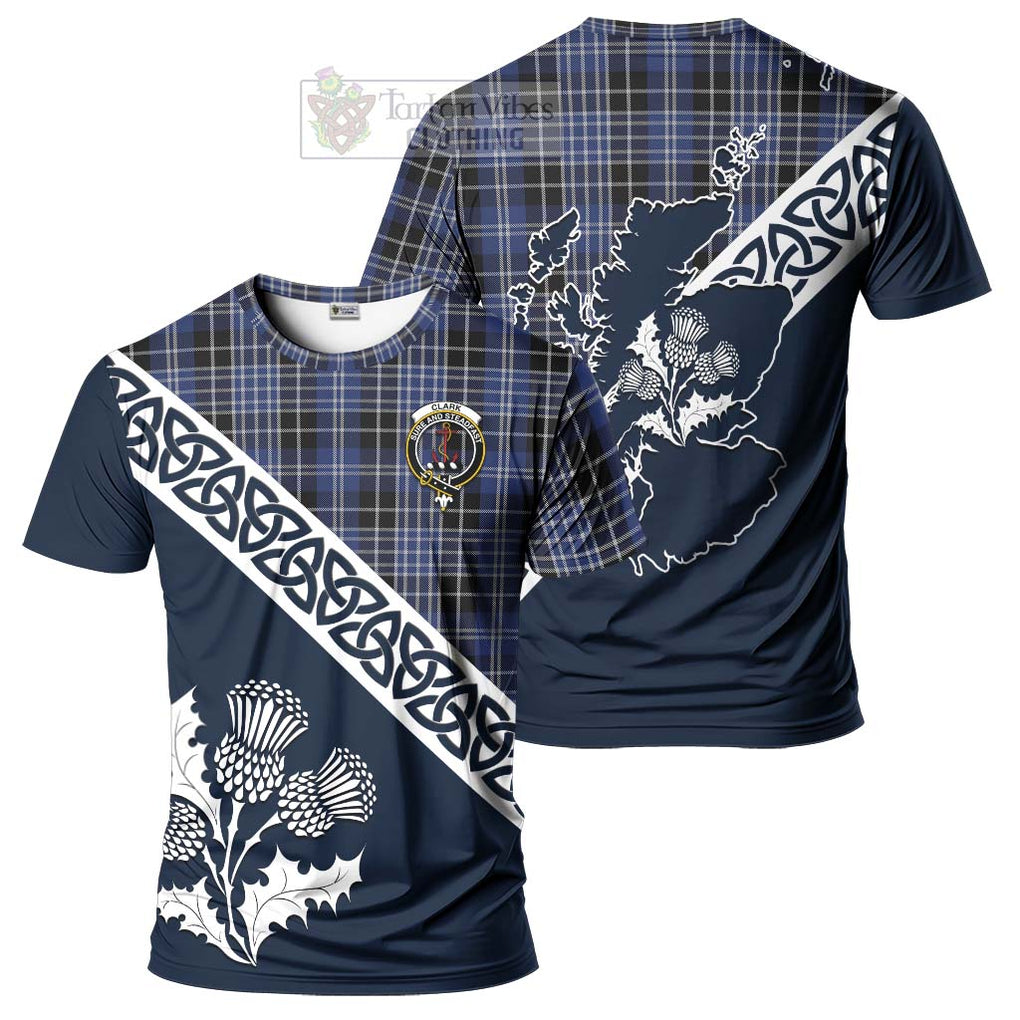 Clark (Clarke) Tartan T-Shirt Featuring Thistle and Scotland Map