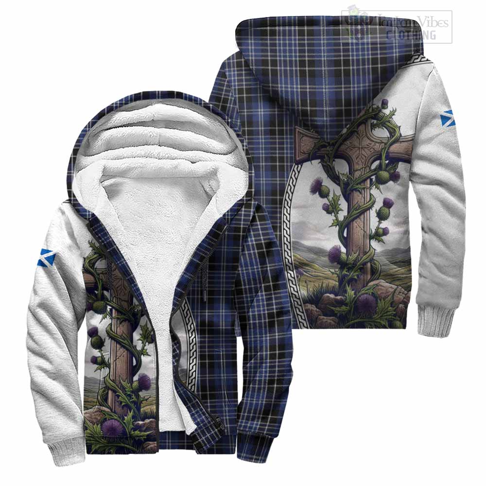 Tartan Vibes Clothing Clark (Clarke) Tartan Sherpa Hoodie with Family Crest and St. Andrew's Cross Accented by Thistle Vines